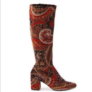 Diba Red Paisley Velvet block heel boots